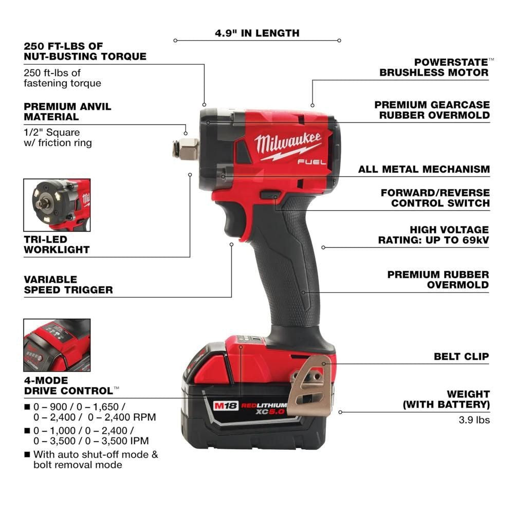 Milwaukee, Milwaukee 2855-22R M18 FUEL 1/2 " Compact Impact Wrench w/ Friction Ring Kit